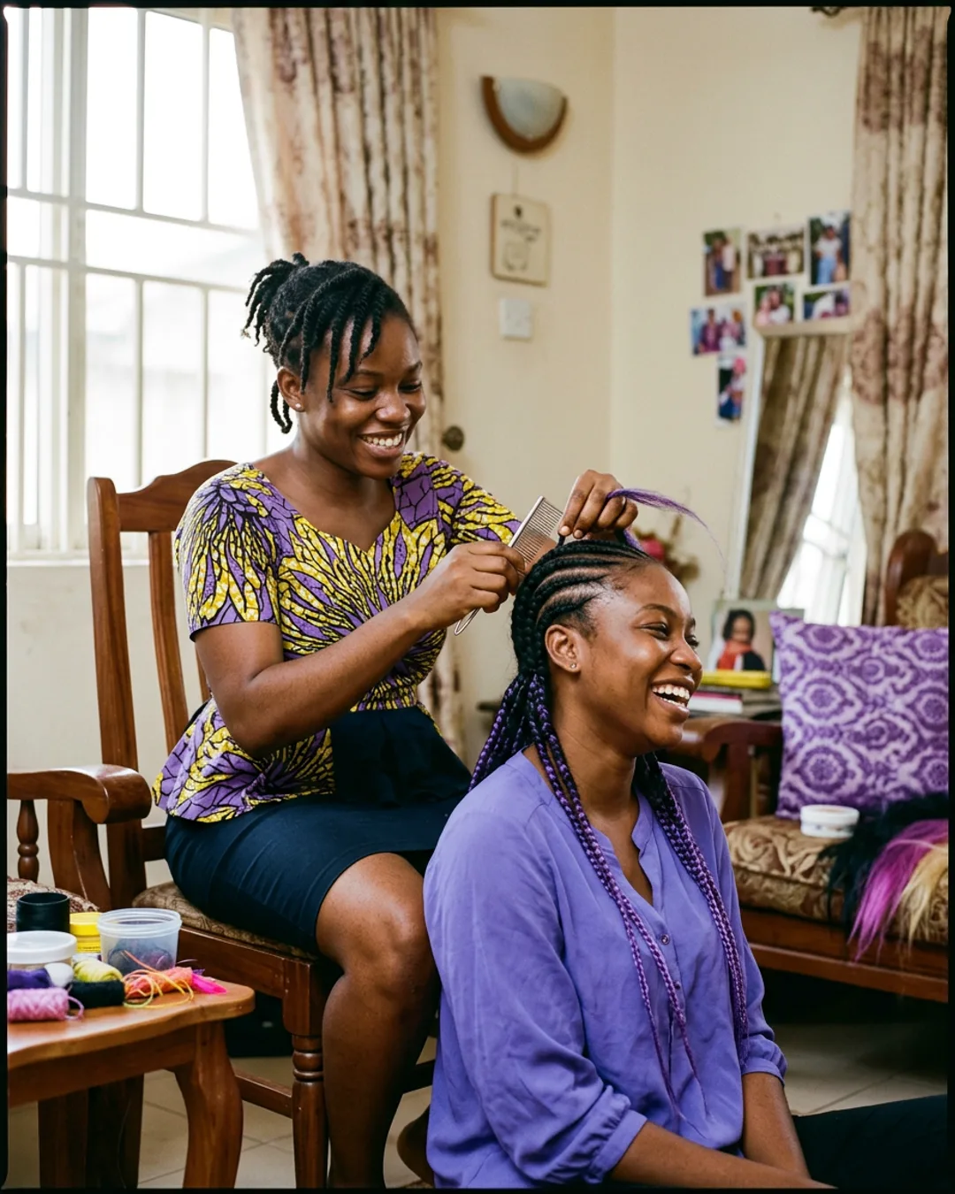 JUUMCROWNS braiding session at a client's home in Abuja